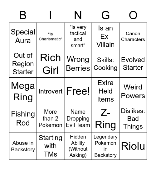 Bad Character Bingo Card