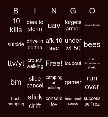 Warzone bingo Card