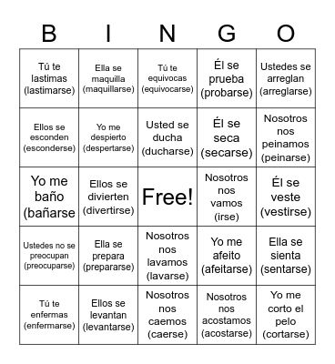 U23 -- Reflexive Verbs Bingo Card
