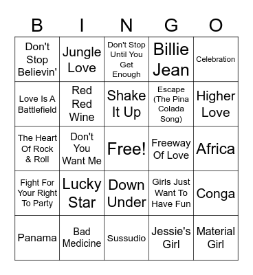 1980's Hit Mix Bingo Card