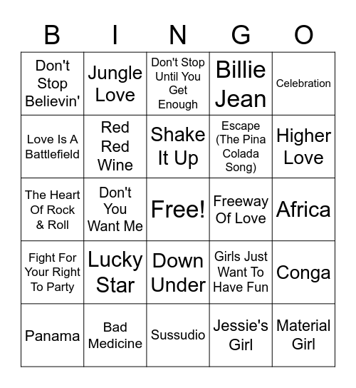 1980's Hit Mix Bingo Card