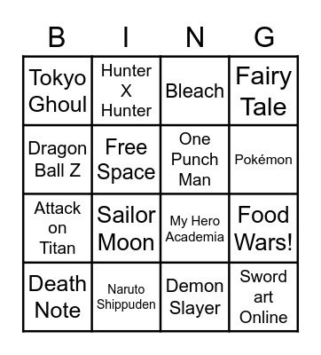 Anime Bingo Card