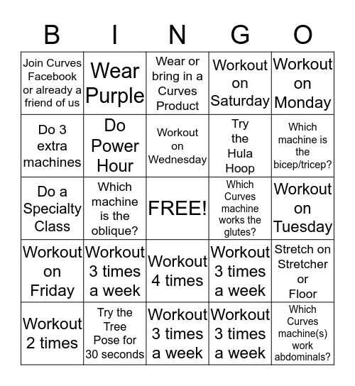 Curves West Hartford Bingo Card