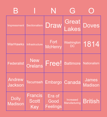 War of 1812 Bingo Card