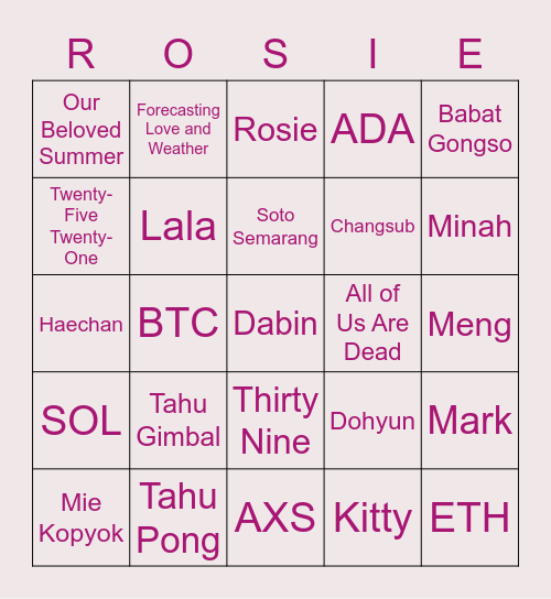 Rosie's Bingo Board Bingo Card