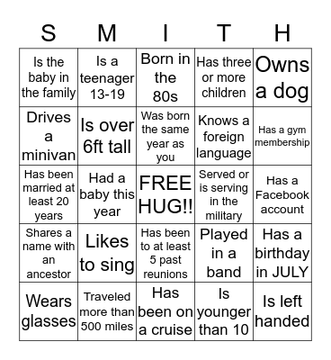 Smith Family Reunion  Bingo Card