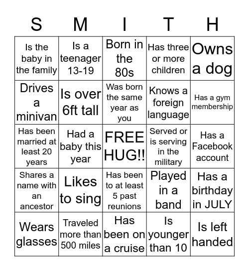Smith Family Reunion  Bingo Card