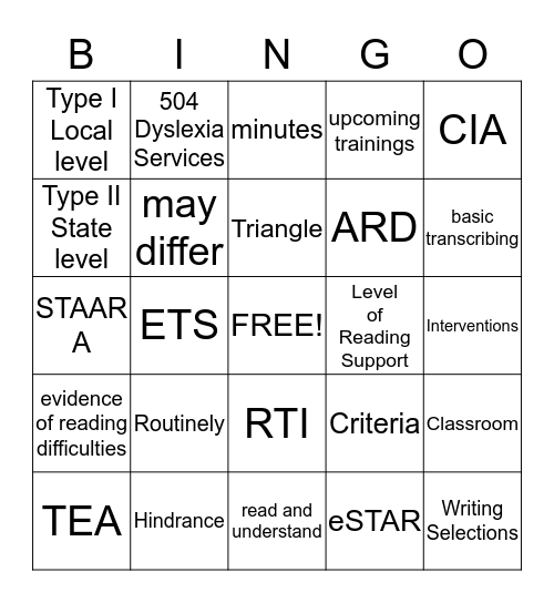 State Testing Accommodations Bingo Card