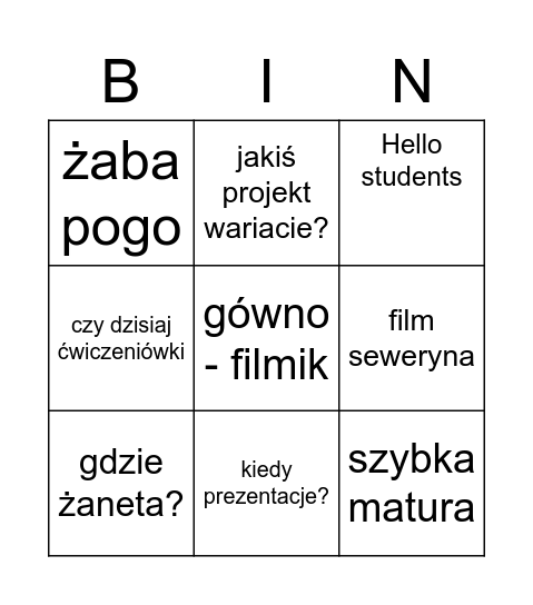 bingo angielski Bingo Card