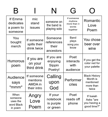 Sippin Poetry Bingo Card