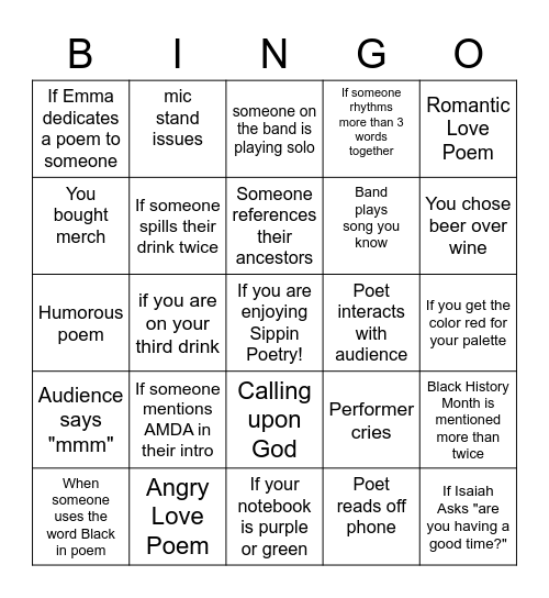 Sippin Poetry Bingo Card