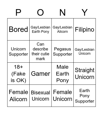 Pony Town Survey Challenge Bingo Card