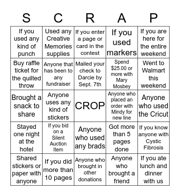 CF Scrapbooking Weekend September 25, 2015 Bingo Card