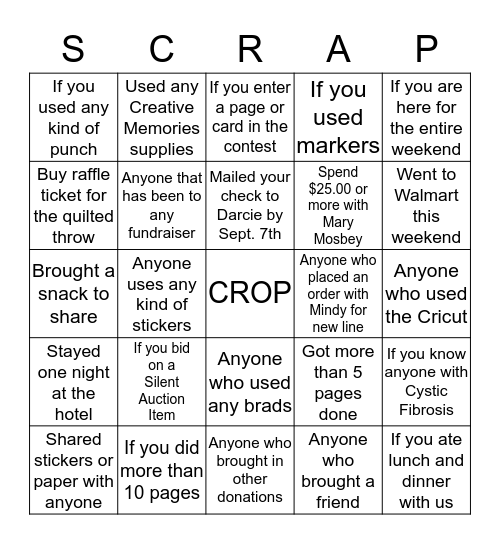 CF Scrapbooking Weekend September 25, 2015 Bingo Card