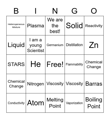 Physical Science Properties of Matter and States of Matter Bingo Card