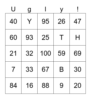 Numbers and Letters Bingo Card