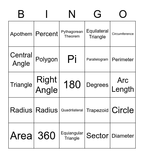 Geometry Bingo Card