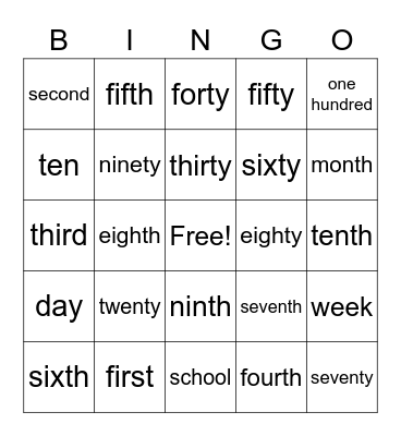 Hundredth Day Bingo Card