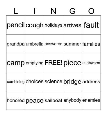 Lingo (lake bingo) Bingo Card