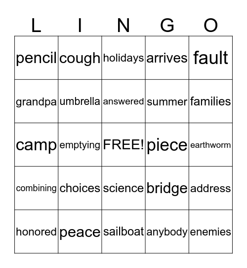 Lingo (lake bingo) Bingo Card