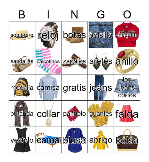 Spanish Clothing Words Bingo Card