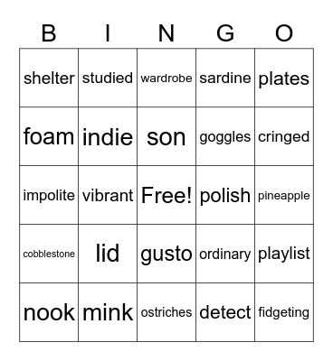 Folsom School Spelling Bee 2022 Bingo Card