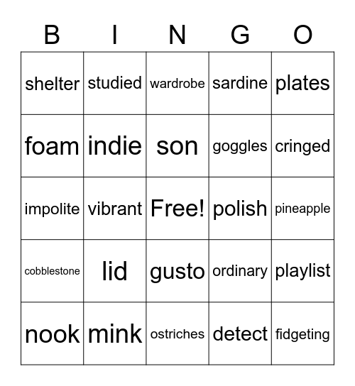Folsom School Spelling Bee 2022 Bingo Card