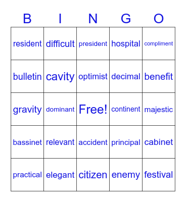 Lesson 4-11 Bingo Card