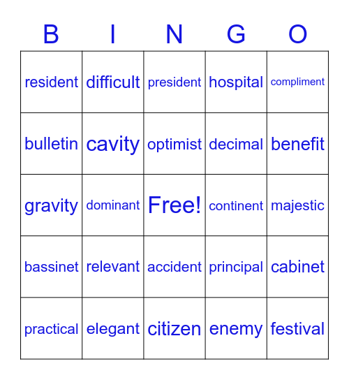 Lesson 4-11 Bingo Card