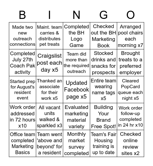 BH Building Your Brand Team BINGO Card