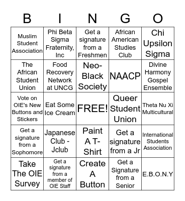 Office of Intercultural Engagement Open House  Bingo Card
