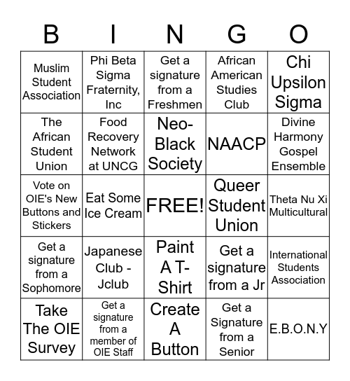 Office of Intercultural Engagement Open House  Bingo Card