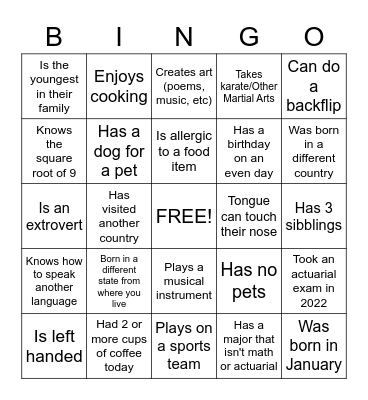 Get to know you Bingo Card
