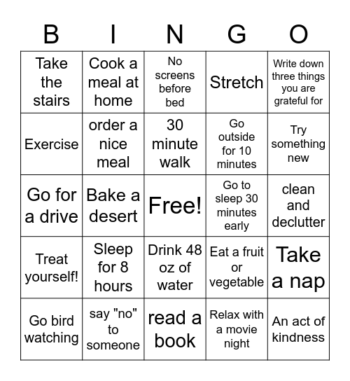 Self care bingo Card