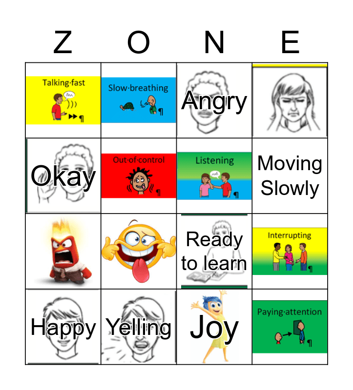 The Zones of Regulation Bingo Card