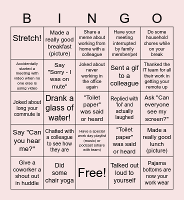 Remote Work Bingo Card