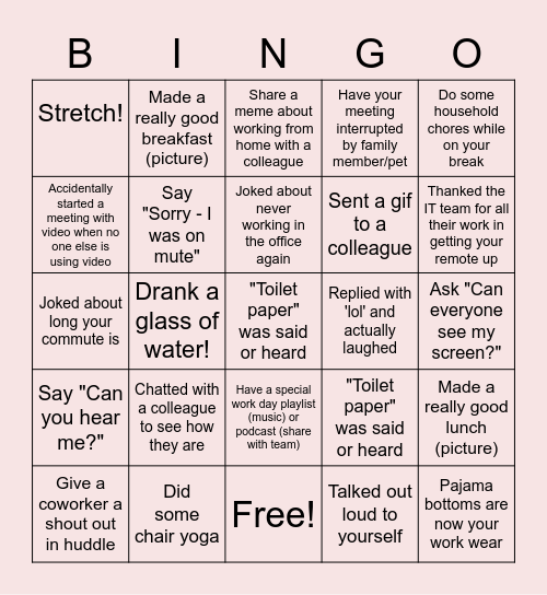 Remote Work Bingo Card