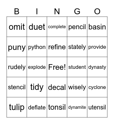 Vocabulary Practice Bingo Card