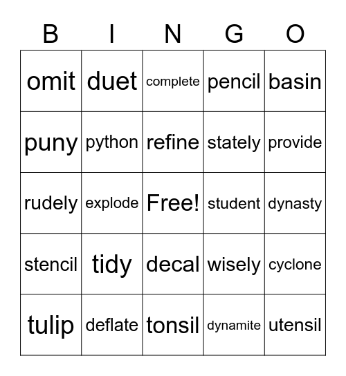 Vocabulary Practice Bingo Card