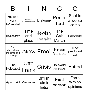 Unit Five Bingo Card