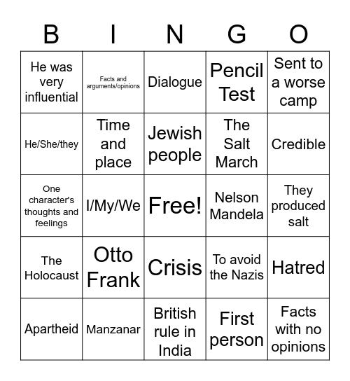 Unit Five Bingo Card