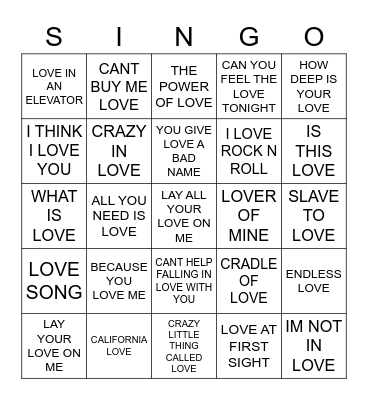 468 SONGS WITH LOVE IN THE TITLE Bingo Card