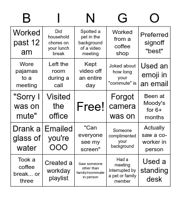 Remote Work Bingo Card
