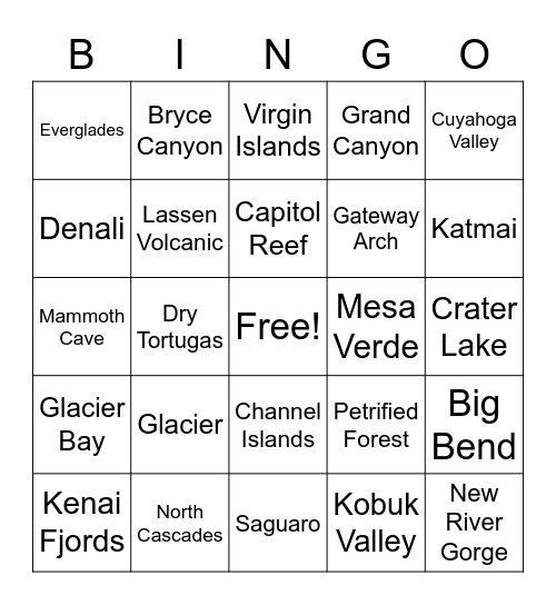 Our National Parks Bingo Card