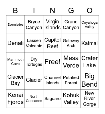 Our National Parks Bingo Card