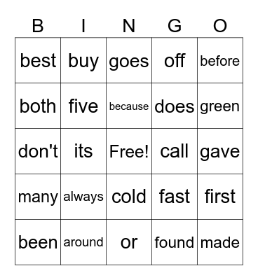 2nd grade sight words Bingo Card