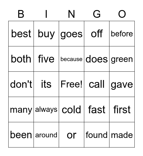 2nd grade sight words Bingo Card