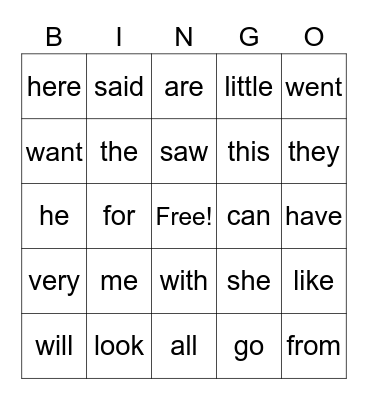 Kinder sight words Bingo Card