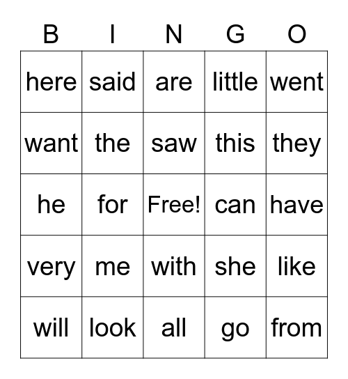 Kinder sight words Bingo Card