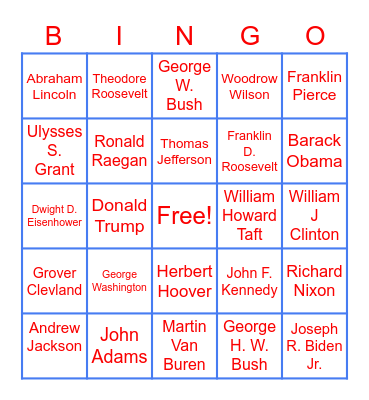 President's Day Bingo Card